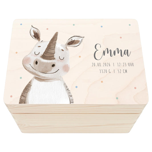 Erinnerungskiste Baby Nashorn Holzkiste personalisierte Erinnerungsbox Mädchen Junge Geschenk Geburt Geburtsgeschenk 30x20x13 cm