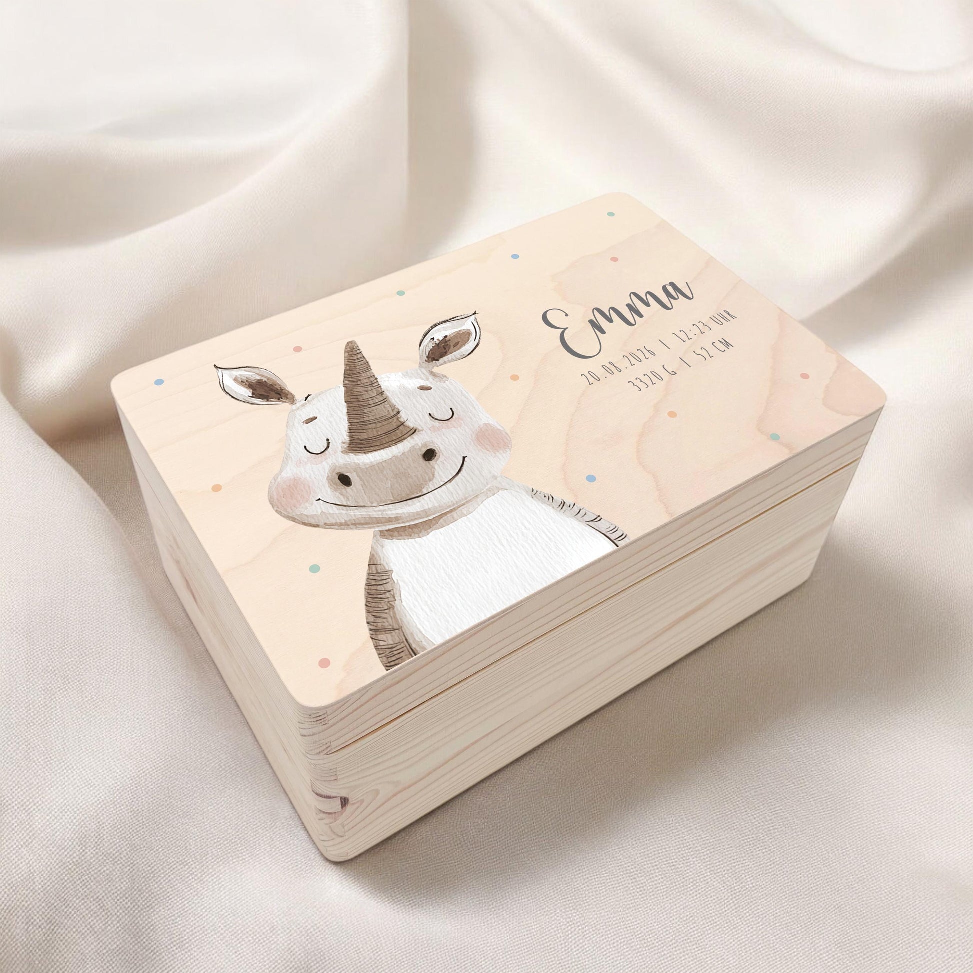 Erinnerungskiste Baby Nashorn Holzkiste personalisierte Erinnerungsbox Mädchen Junge Geschenk Geburt Geburtsgeschenk 30x20x13 cm