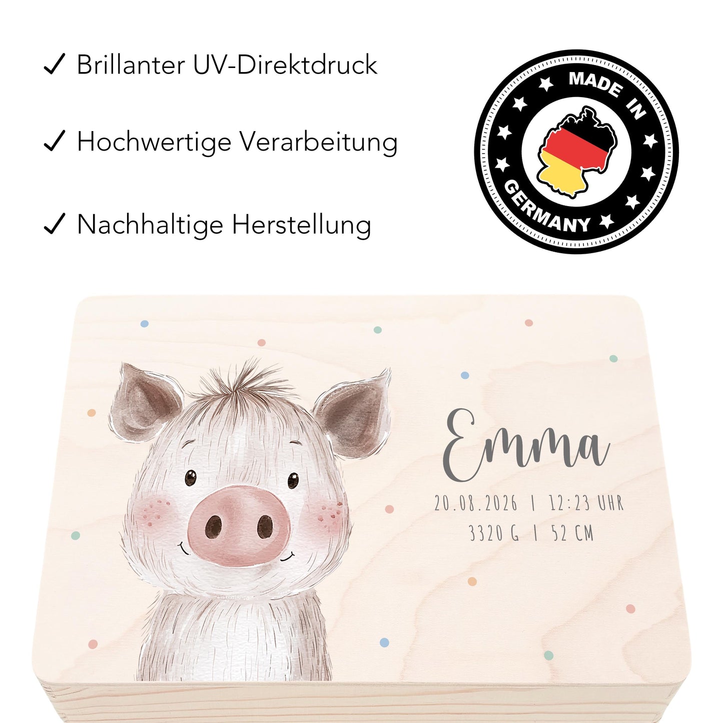 Erinnerungskiste Baby Schwein Holzkiste personalisierte Erinnerungsbox Mädchen Junge Geschenk Geburt Geburtsgeschenk 30x20x13 cm