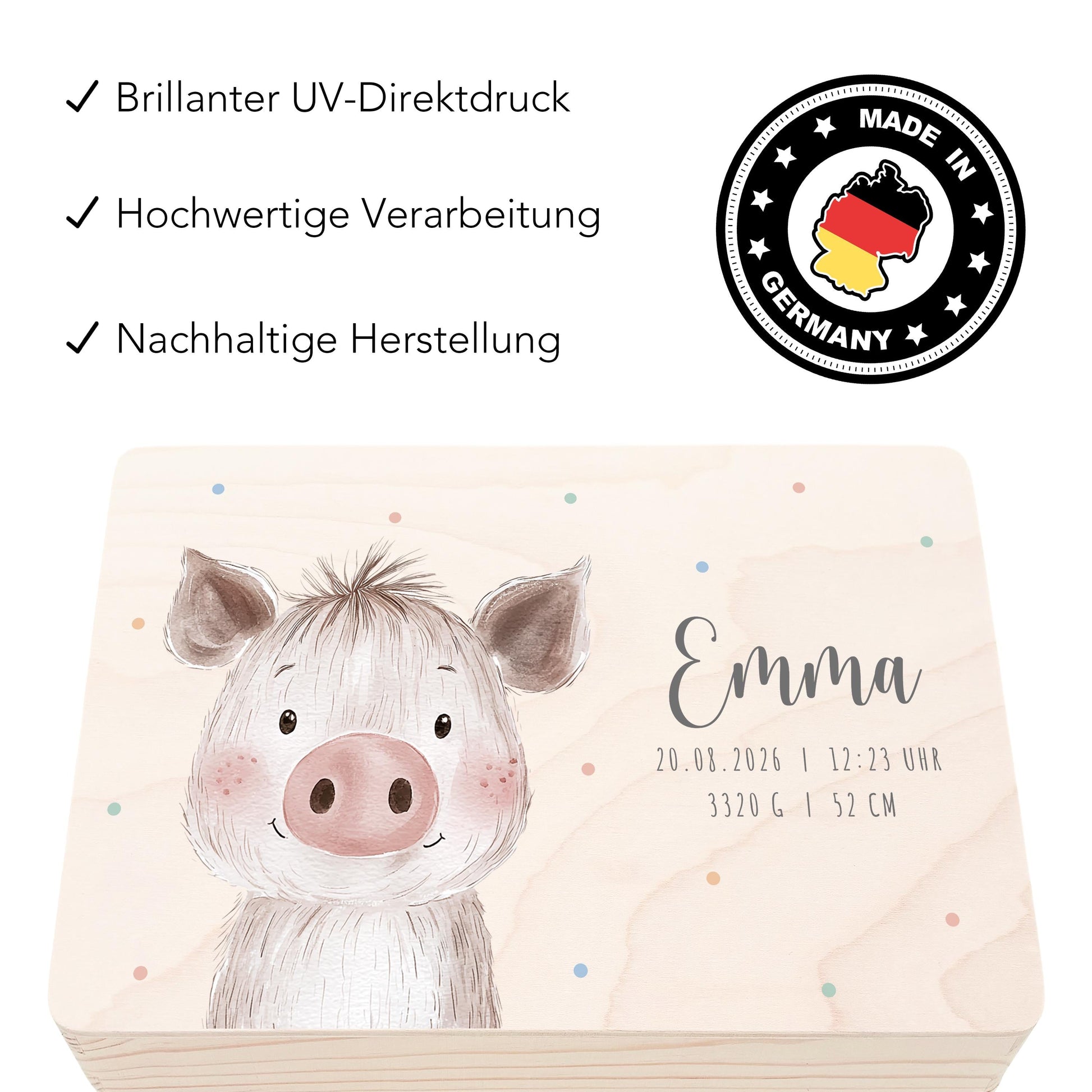 Erinnerungskiste Baby Schwein Holzkiste personalisierte Erinnerungsbox Mädchen Junge Geschenk Geburt Geburtsgeschenk 30x20x13 cm