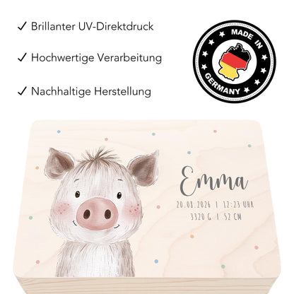 Erinnerungskiste Baby Schwein Holzkiste personalisierte Erinnerungsbox Mädchen Junge Geschenk Geburt Geburtsgeschenk 30x20x13 cm