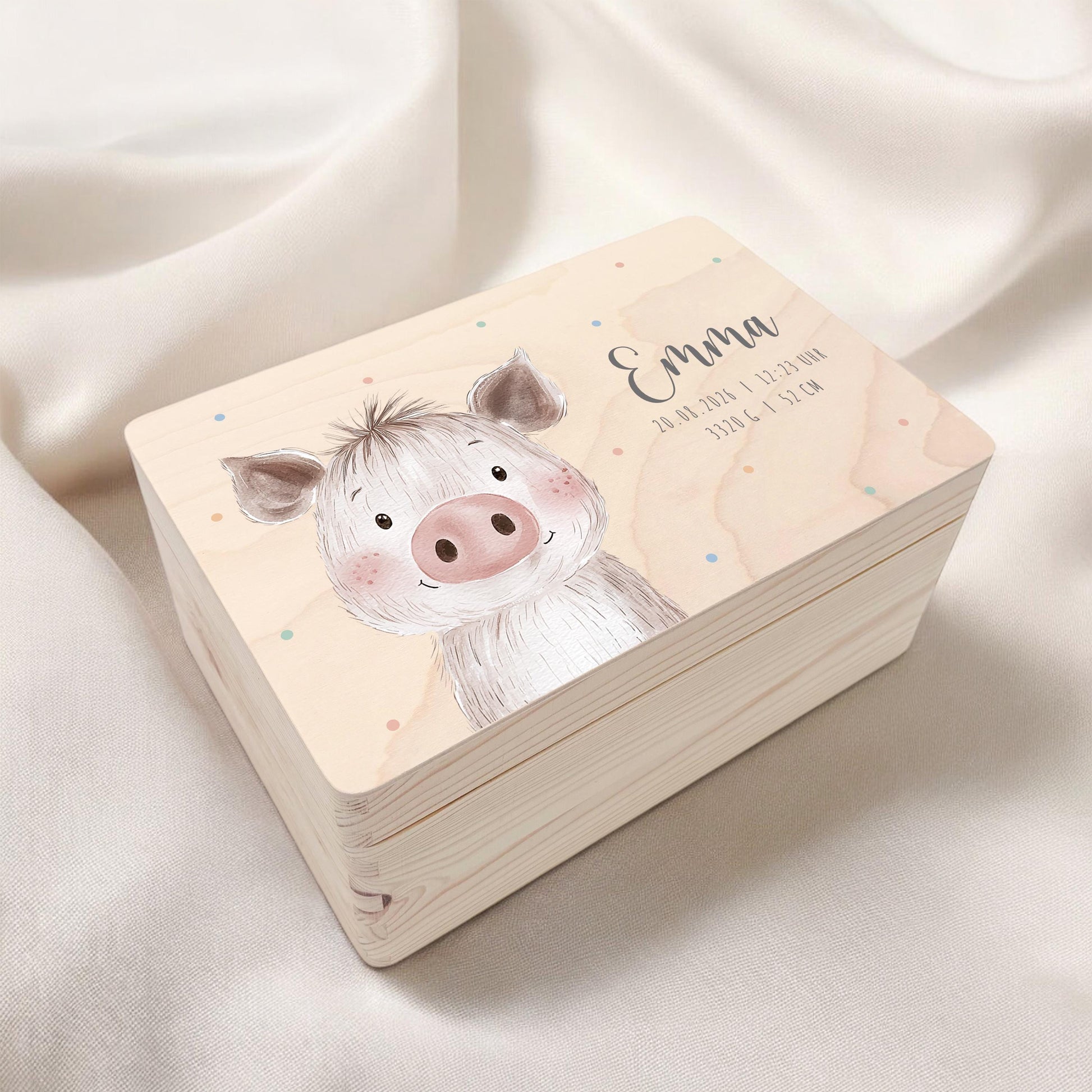Erinnerungskiste Baby Schwein Holzkiste personalisierte Erinnerungsbox Mädchen Junge Geschenk Geburt Geburtsgeschenk 30x20x13 cm