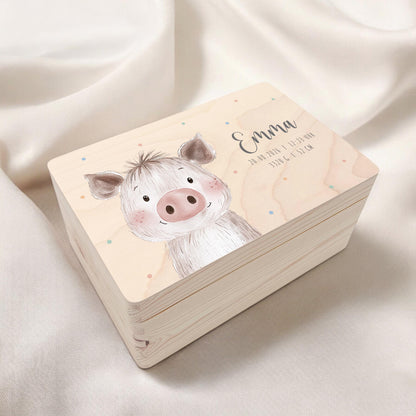 Erinnerungskiste Baby Schwein Holzkiste personalisierte Erinnerungsbox Mädchen Junge Geschenk Geburt Geburtsgeschenk 30x20x13 cm