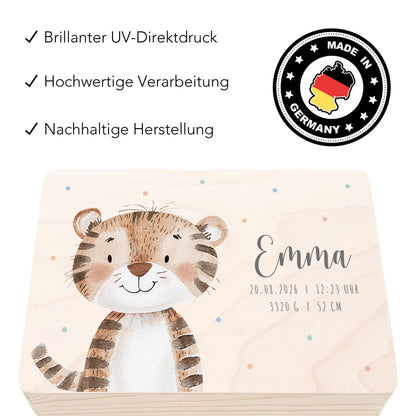 Erinnerungskiste Baby Tiger Holzkiste personalisierte Erinnerungsbox Mädchen Junge Geschenk Geburt Geburtsgeschenk 30x20x13 cm