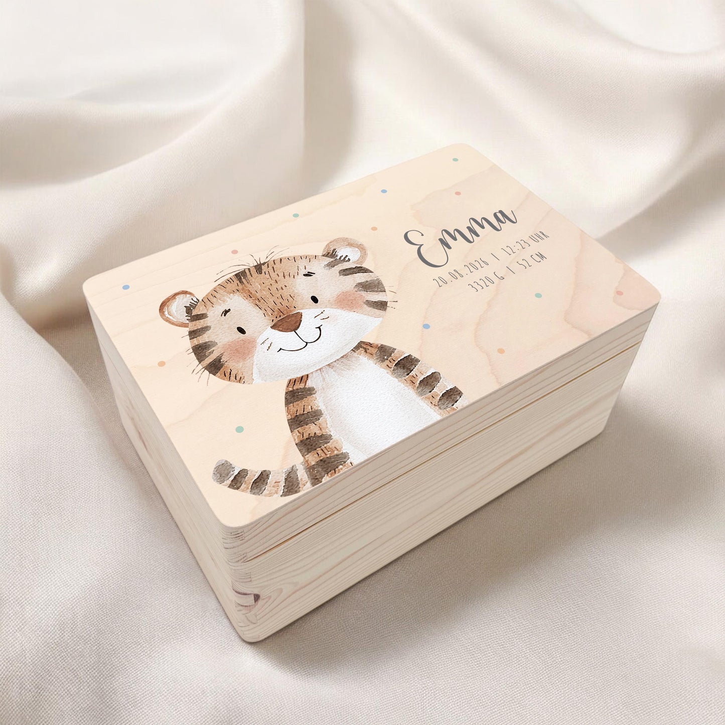 Erinnerungskiste Baby Tiger Holzkiste personalisierte Erinnerungsbox Mädchen Junge Geschenk Geburt Geburtsgeschenk 30x20x13 cm