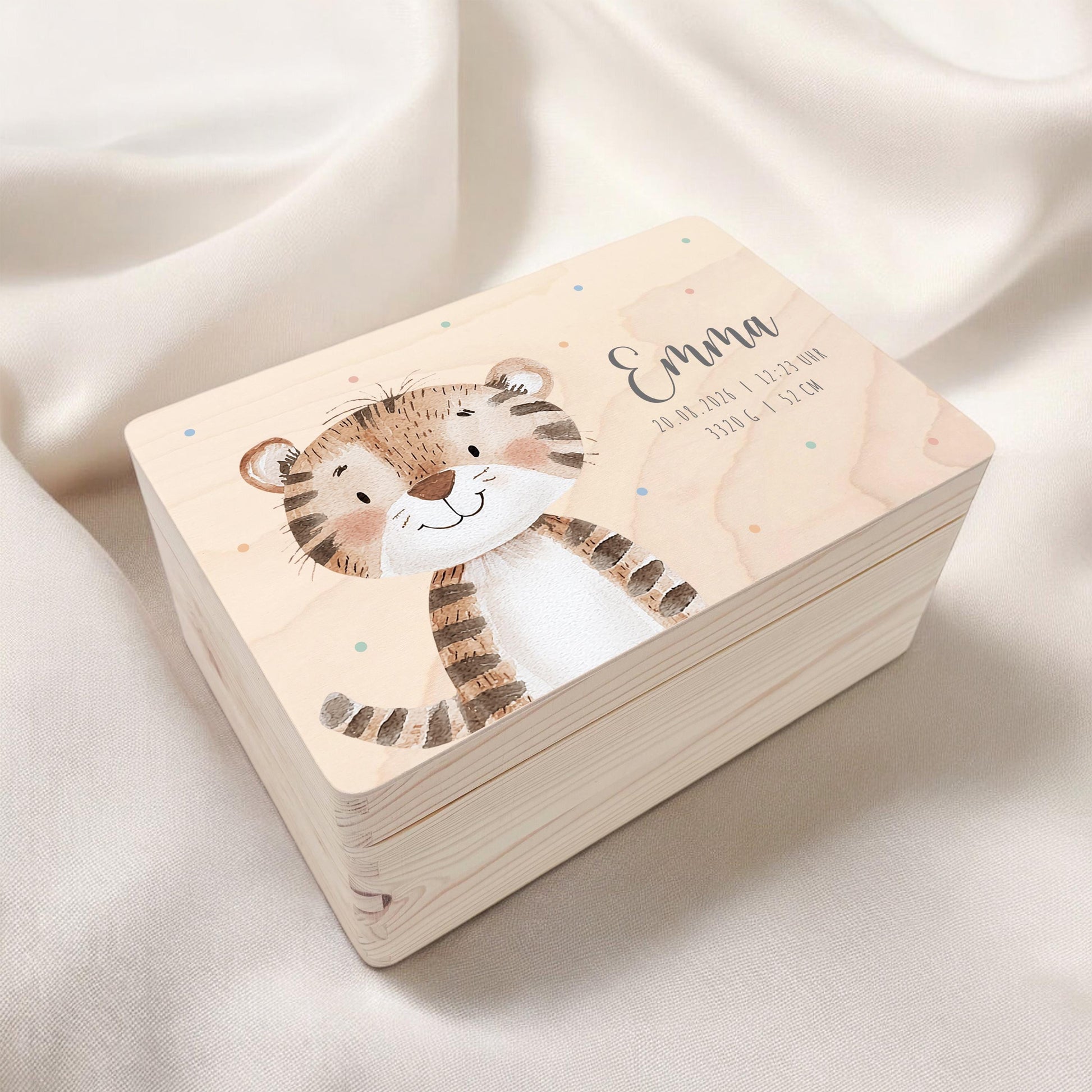 Erinnerungskiste Baby Tiger Holzkiste personalisierte Erinnerungsbox Mädchen Junge Geschenk Geburt Geburtsgeschenk 30x20x13 cm
