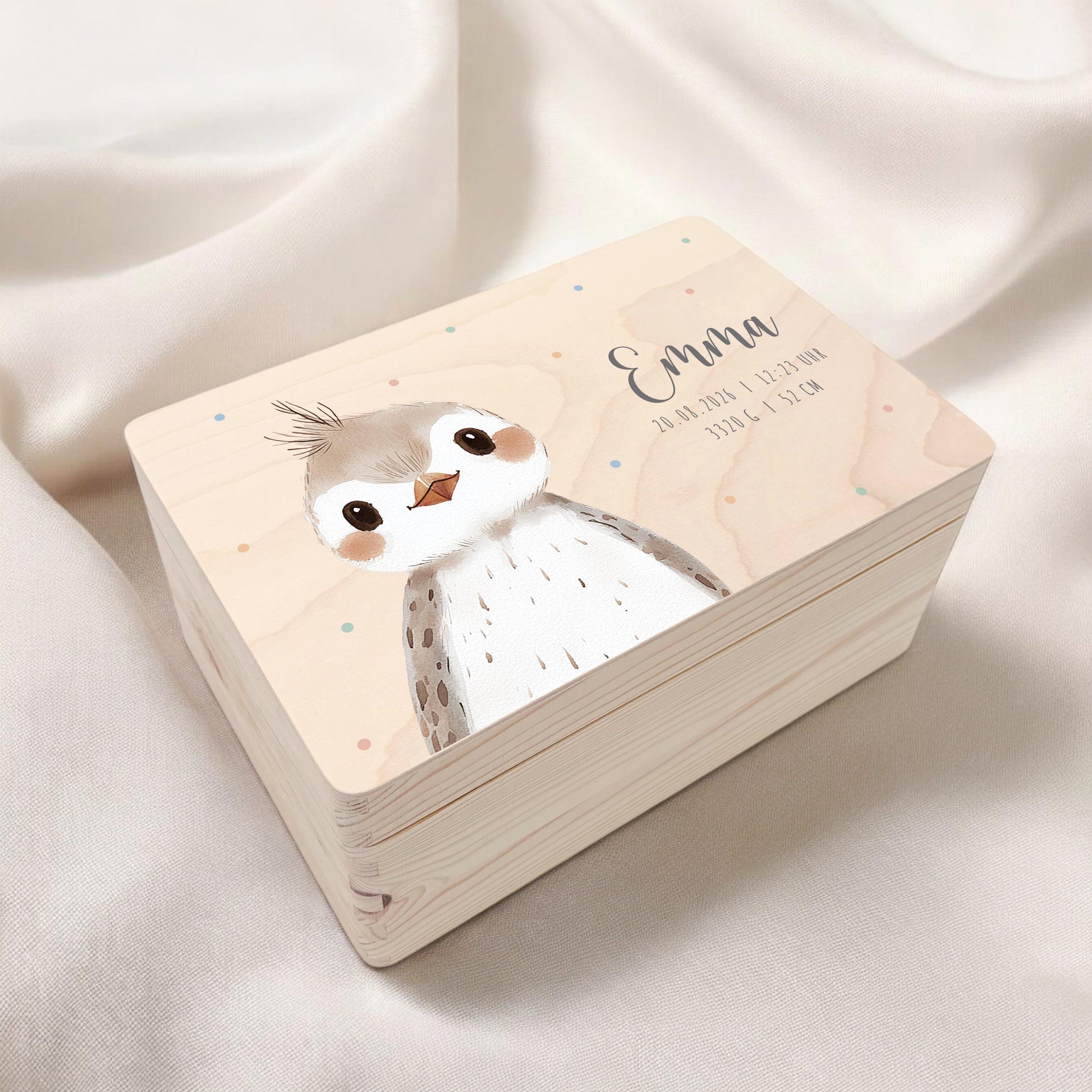 Erinnerungskiste Baby Vogel Holzkiste personalisierte Erinnerungsbox Mädchen Junge Geschenk Geburt Geburtsgeschenk 30x20x13 cm