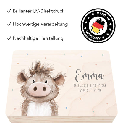 Erinnerungskiste Baby Warzenschwein Holzkiste personalisierte Erinnerungsbox Mädchen Junge Geschenk Geburt Geburtsgeschenk 30x20x13 cm