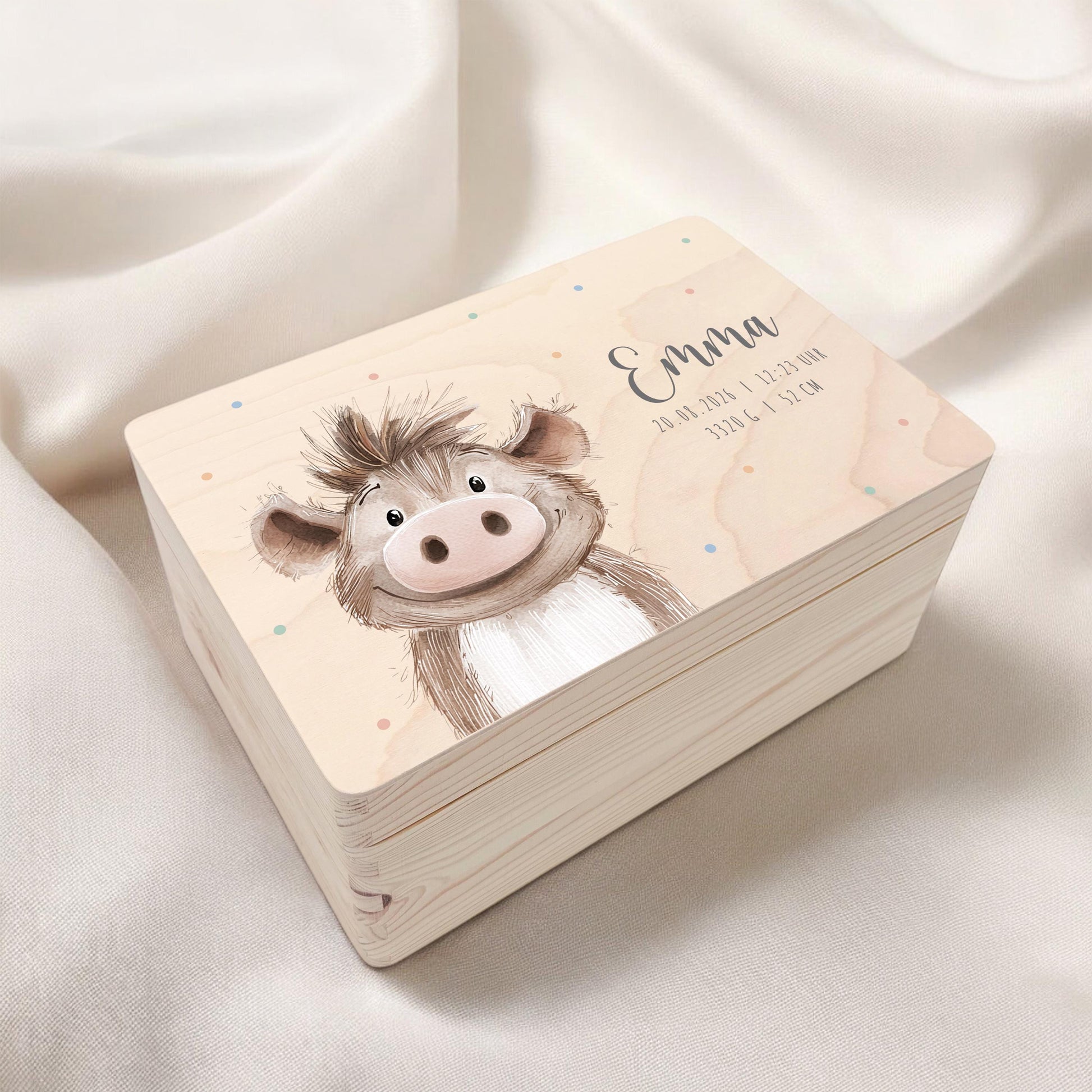 Erinnerungskiste Baby Warzenschwein Holzkiste personalisierte Erinnerungsbox Mädchen Junge Geschenk Geburt Geburtsgeschenk 30x20x13 cm