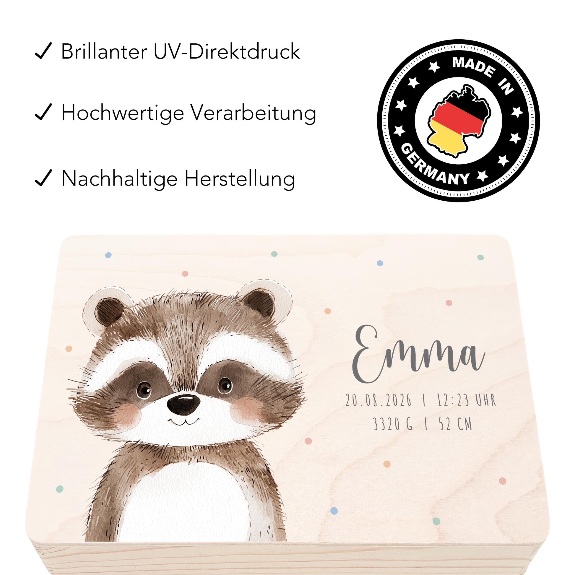 Erinnerungskiste Baby Waschbär Holzkiste personalisierte Erinnerungsbox Mädchen Junge Geschenk Geburt Geburtsgeschenk 30x20x13 cm