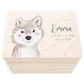 Erinnerungskiste Baby Wolf Holzkiste personalisierte Erinnerungsbox Mädchen Junge Geschenk Geburt Geburtsgeschenk 30x20x13 cm