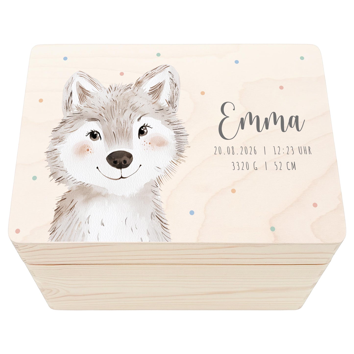 Erinnerungskiste Baby Wolf Holzkiste personalisierte Erinnerungsbox Mädchen Junge Geschenk Geburt Geburtsgeschenk 30x20x13 cm