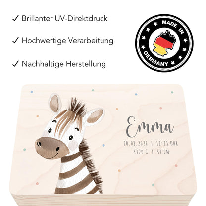 Erinnerungskiste Baby Zebra Holzkiste personalisierte Erinnerungsbox Mädchen Junge Geschenk Geburt Geburtsgeschenk 30x20x13 cm