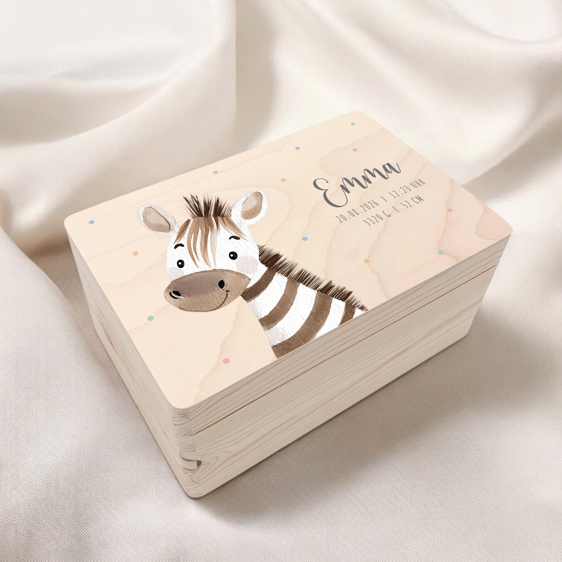 Erinnerungskiste Baby Zebra Holzkiste personalisierte Erinnerungsbox Mädchen Junge Geschenk Geburt Geburtsgeschenk 30x20x13 cm