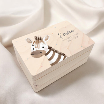 Erinnerungskiste Baby Zebra Holzkiste personalisierte Erinnerungsbox Mädchen Junge Geschenk Geburt Geburtsgeschenk 30x20x13 cm
