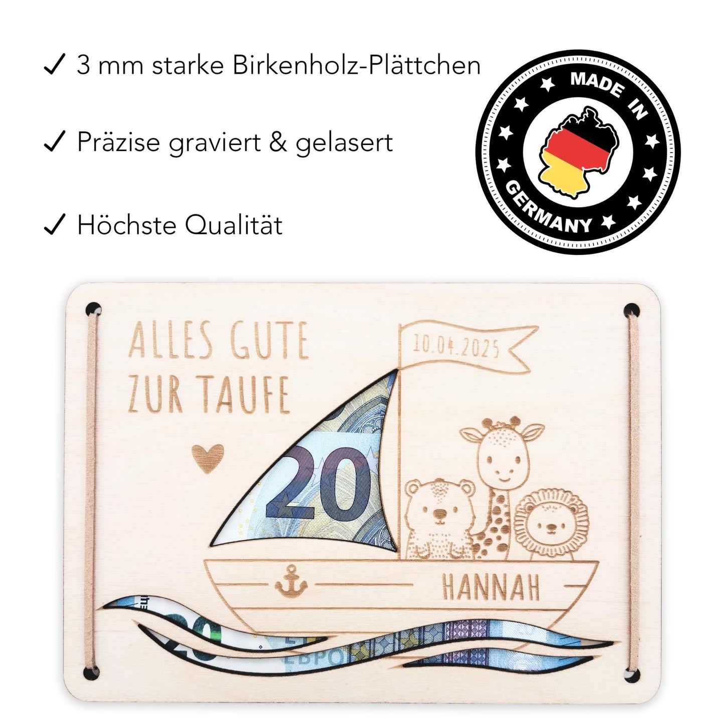 Taufgeschenk Geld Taufe personalisierte Geldgeschenk Verpackung Geschenk Taufkarte Geschenkkarte aus Holz 12x17 cm