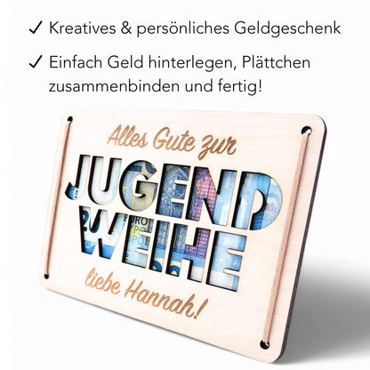 Jugendweihe Geschenk personalisiert Geldgeschenk Verpackung Geld Geschenk Junge Mädchen Geschenkkarte aus Holz 12x17 cm