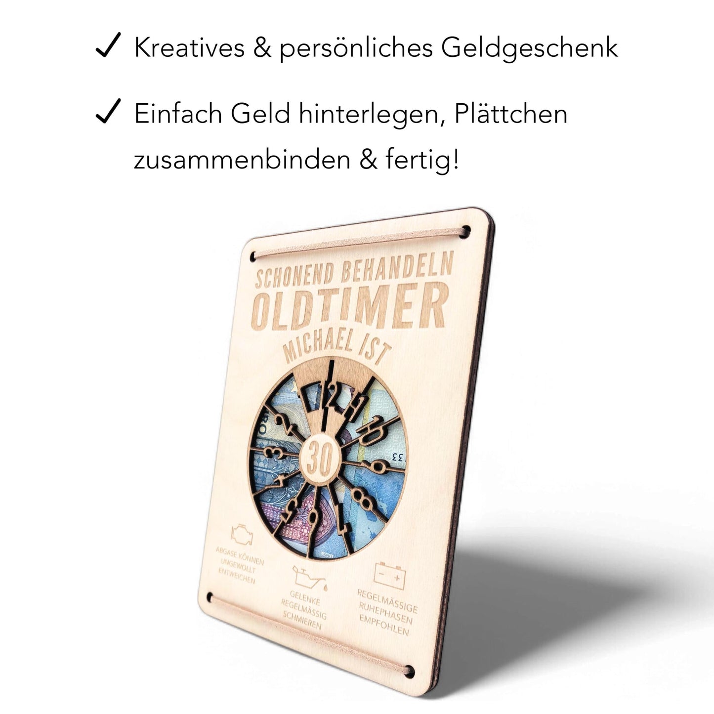 Oldtimer Geburtstagskarte 30. Geburtstag Schonend behandeln personalisiert Geldverpackung Geburtstagsgeschenk Geschenkkarte Holz 12x17 cm