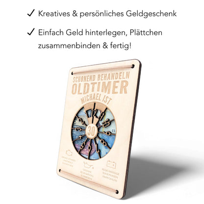 Oldtimer Geburtstagskarte 30. Geburtstag Schonend behandeln personalisiert Geldverpackung Geburtstagsgeschenk Geschenkkarte Holz 12x17 cm