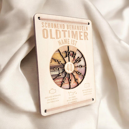 Oldtimer Geburtstagskarte 40. Geburtstag Schonend behandeln personalisiert Geldverpackung Geburtstagsgeschenk Geschenkkarte Holz 12x17 cm
