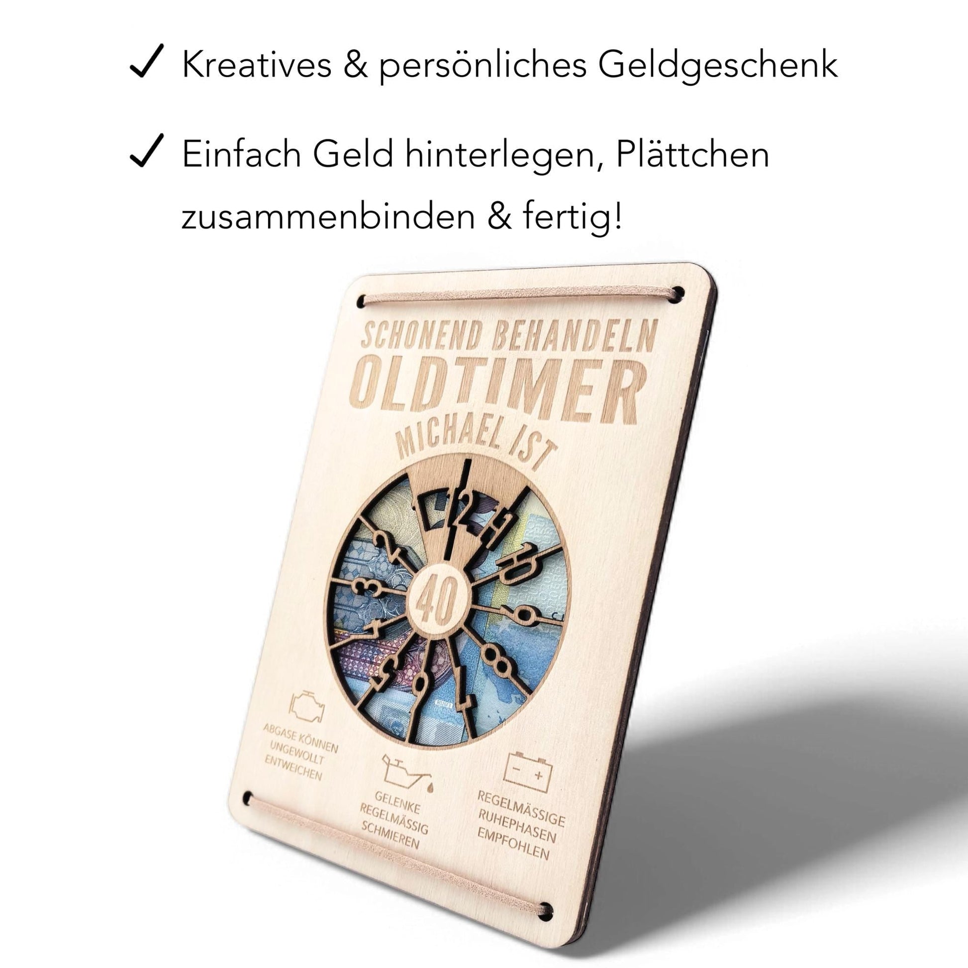 Oldtimer Geburtstagskarte 40. Geburtstag Schonend behandeln personalisiert Geldverpackung Geburtstagsgeschenk Geschenkkarte Holz 12x17 cm