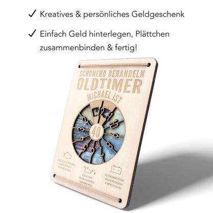 Oldtimer Geburtstagskarte 40. Geburtstag Schonend behandeln personalisiert Geldverpackung Geburtstagsgeschenk Geschenkkarte Holz 12x17 cm