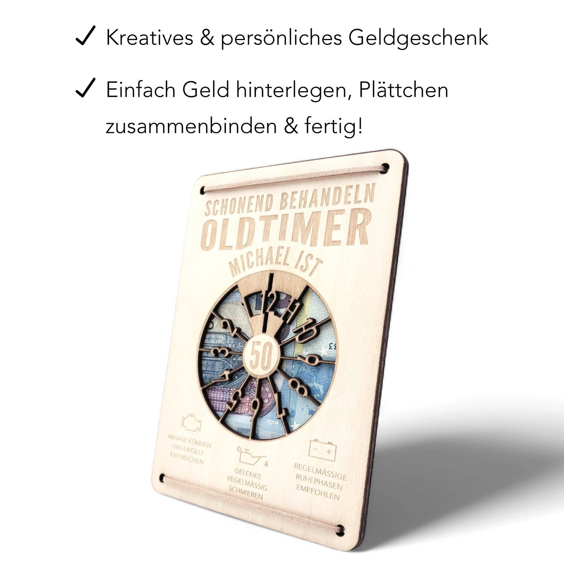 Oldtimer Geburtstagskarte 50. Geburtstag Schonend behandeln personalisiert Geldverpackung Geburtstagsgeschenk Geschenkkarte Holz 12x17 cm