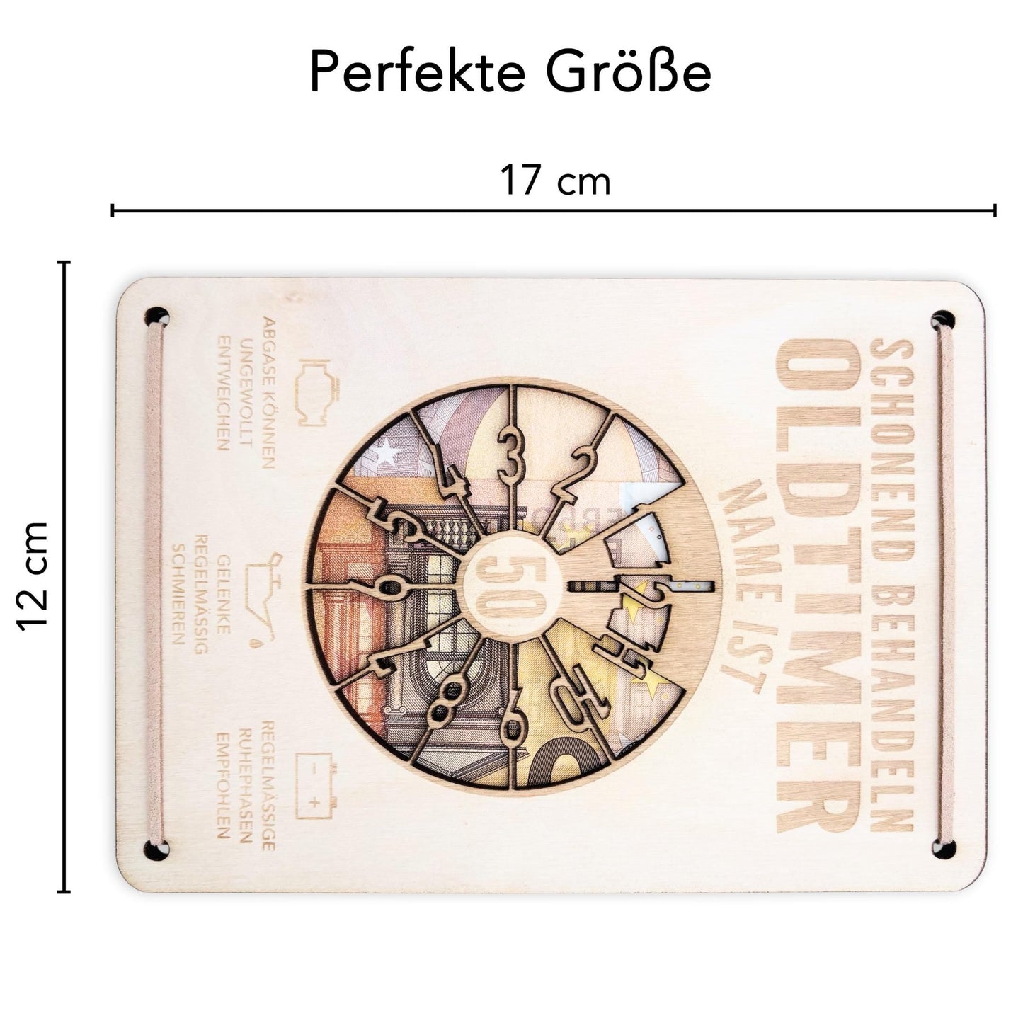 Oldtimer Geburtstagskarte 50. Geburtstag Schonend behandeln personalisiert Geldverpackung Geburtstagsgeschenk Geschenkkarte Holz 12x17 cm