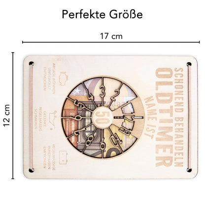 Oldtimer Geburtstagskarte 50. Geburtstag Schonend behandeln personalisiert Geldverpackung Geburtstagsgeschenk Geschenkkarte Holz 12x17 cm