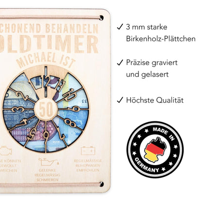 Oldtimer Geburtstagskarte 50. Geburtstag Schonend behandeln personalisiert Geldverpackung Geburtstagsgeschenk Geschenkkarte Holz 12x17 cm