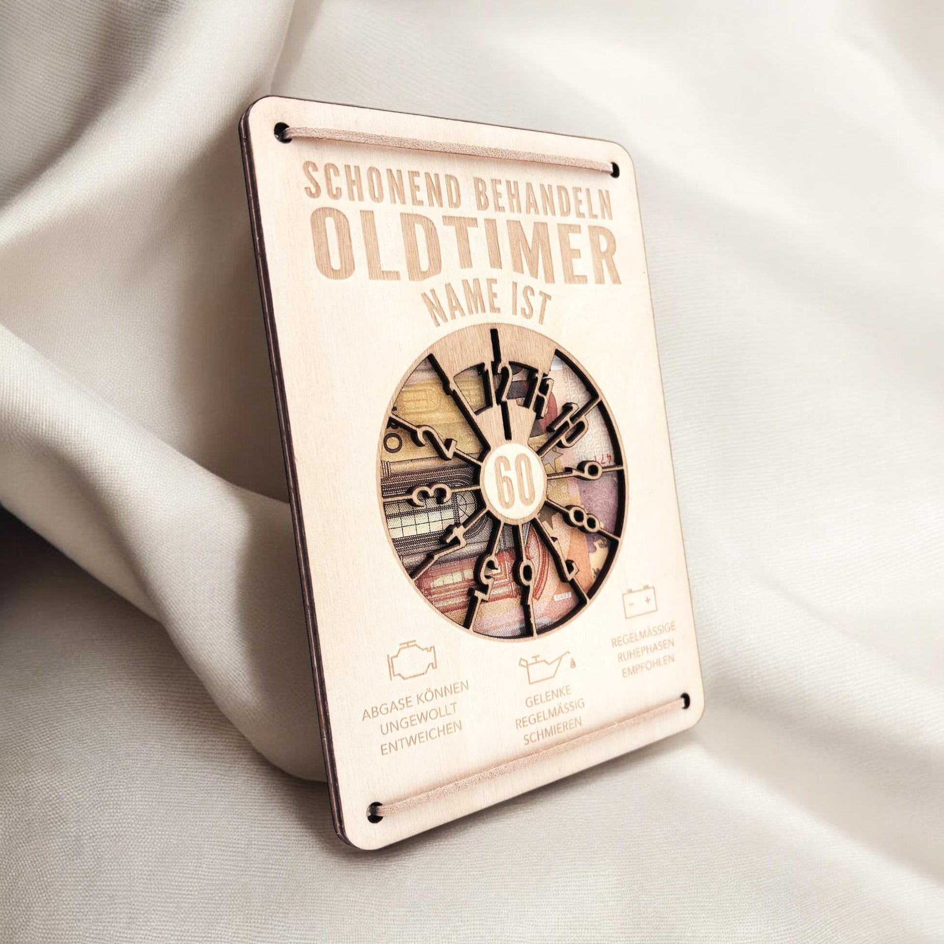 Oldtimer Geburtstagskarte 60. Geburtstag Schonend behandeln personalisiert Geldverpackung Geburtstagsgeschenk Geschenkkarte Holz 12x17 cm