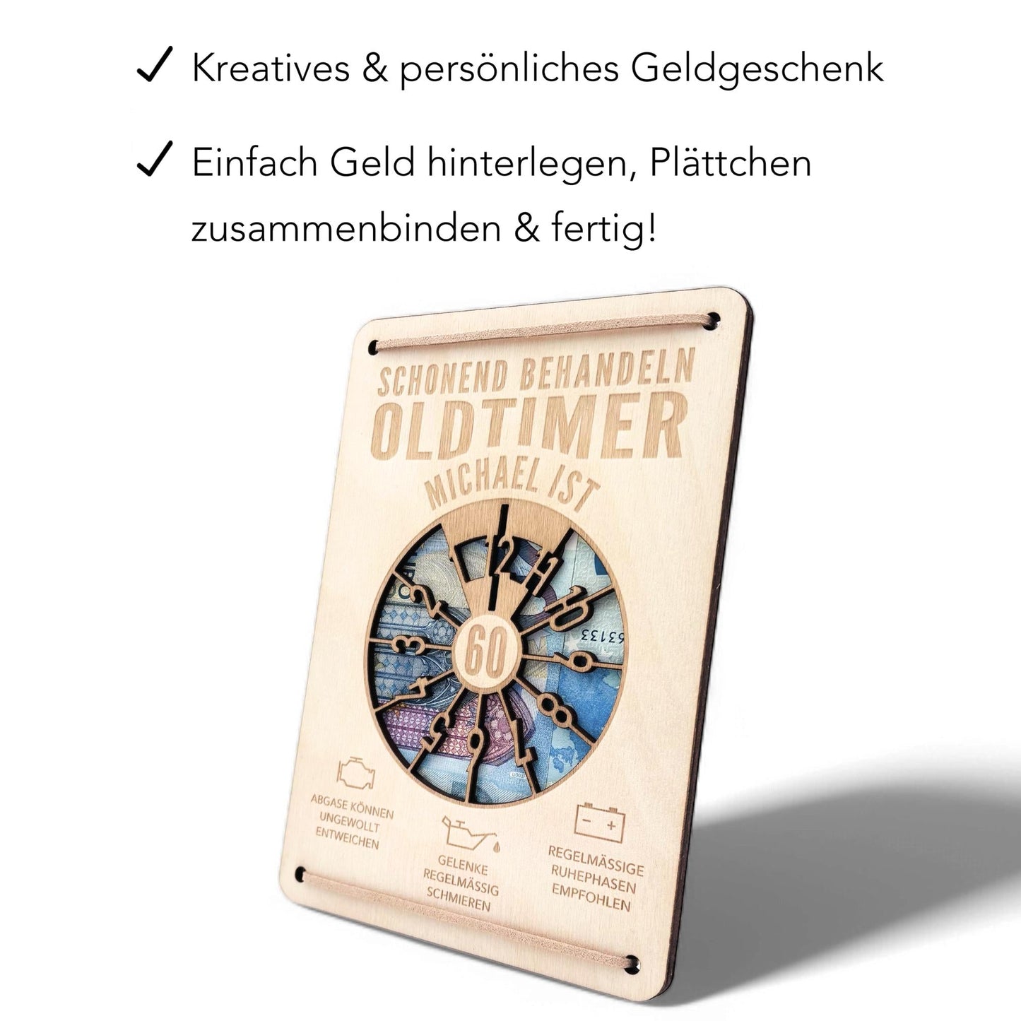 Oldtimer Geburtstagskarte 60. Geburtstag Schonend behandeln personalisiert Geldverpackung Geburtstagsgeschenk Geschenkkarte Holz 12x17 cm