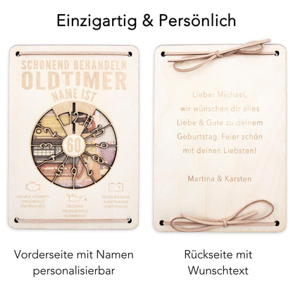 Oldtimer Geburtstagskarte 60. Geburtstag Schonend behandeln personalisiert Geldverpackung Geburtstagsgeschenk Geschenkkarte Holz 12x17 cm
