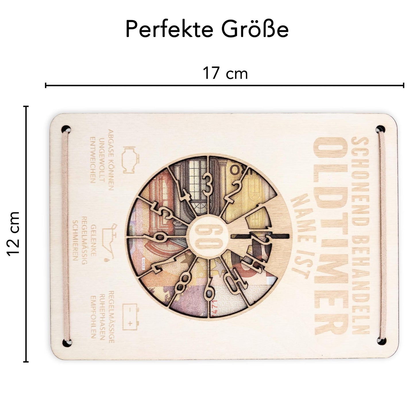 Oldtimer Geburtstagskarte 60. Geburtstag Schonend behandeln personalisiert Geldverpackung Geburtstagsgeschenk Geschenkkarte Holz 12x17 cm