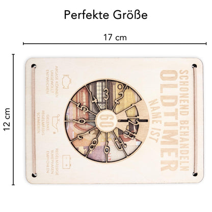 Oldtimer Geburtstagskarte 60. Geburtstag Schonend behandeln personalisiert Geldverpackung Geburtstagsgeschenk Geschenkkarte Holz 12x17 cm