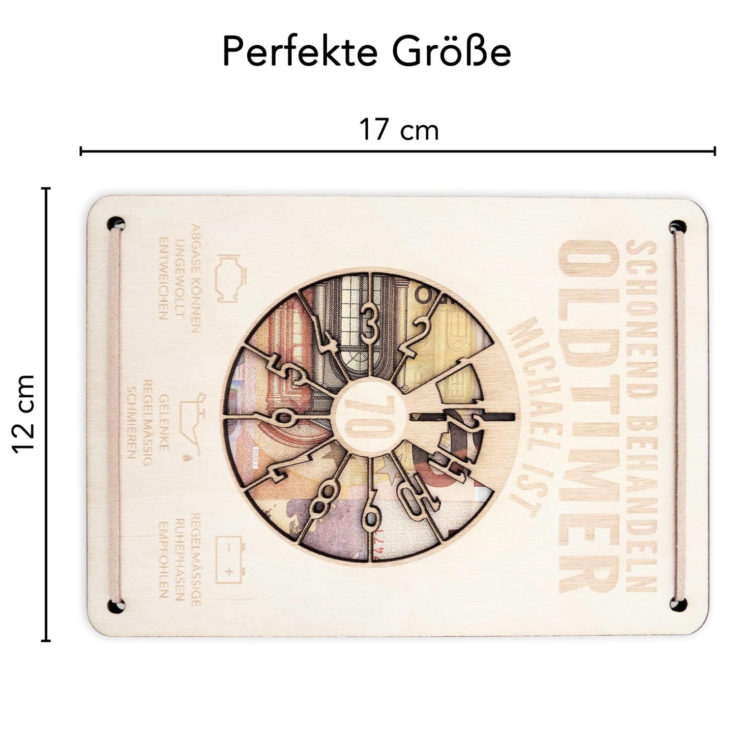 Oldtimer Geburtstagskarte 70. Geburtstag Schonend behandeln personalisiert Geldverpackung Geburtstagsgeschenk Geschenkkarte Holz 12x17 cm