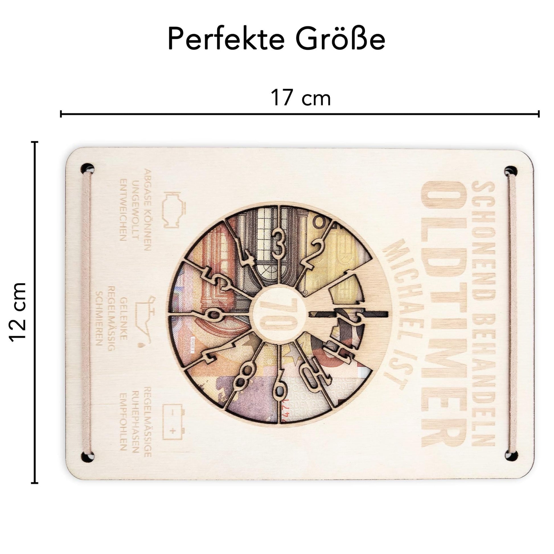 Oldtimer Geburtstagskarte 70. Geburtstag Schonend behandeln personalisiert Geldverpackung Geburtstagsgeschenk Geschenkkarte Holz 12x17 cm