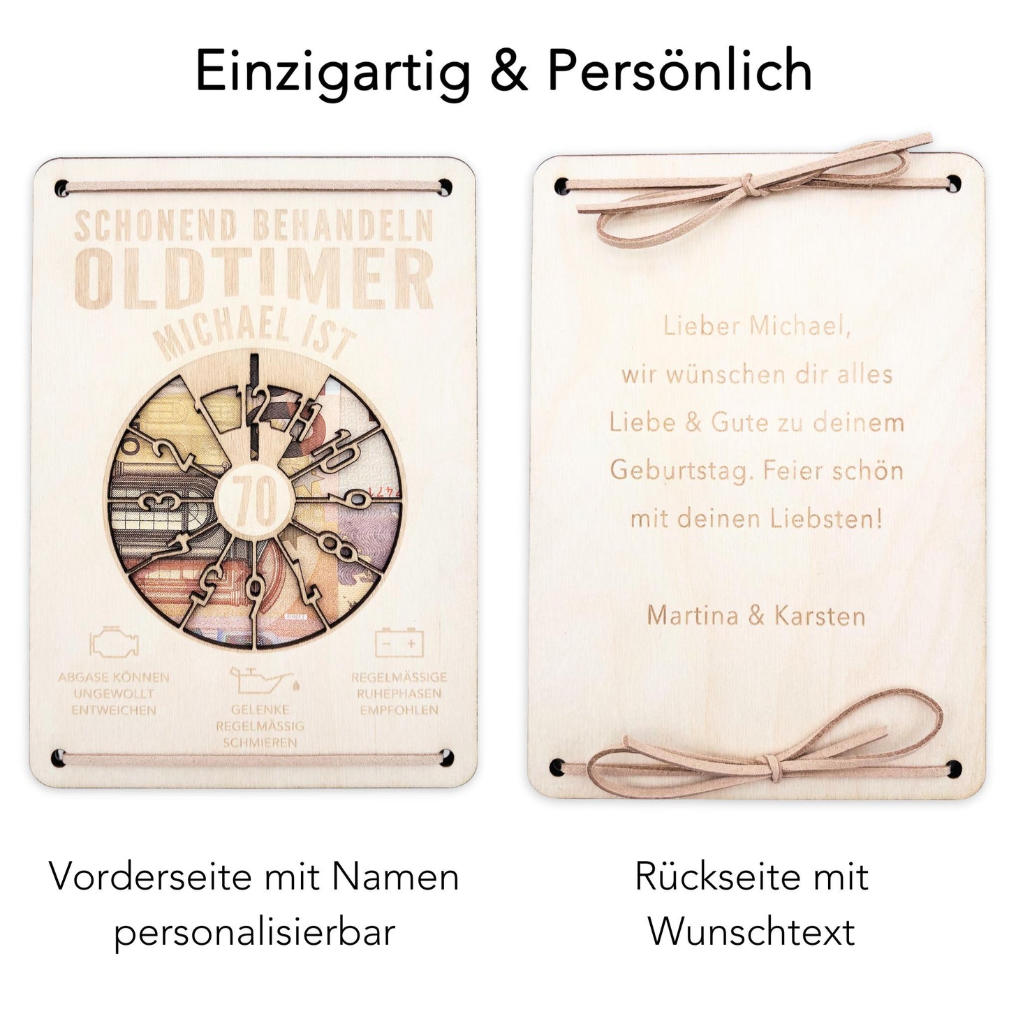 Oldtimer Geburtstagskarte 70. Geburtstag Schonend behandeln personalisiert Geldverpackung Geburtstagsgeschenk Geschenkkarte Holz 12x17 cm