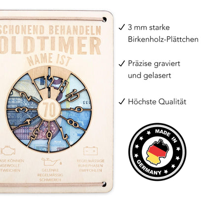 Oldtimer Geburtstagskarte 70. Geburtstag Schonend behandeln personalisiert Geldverpackung Geburtstagsgeschenk Geschenkkarte Holz 12x17 cm