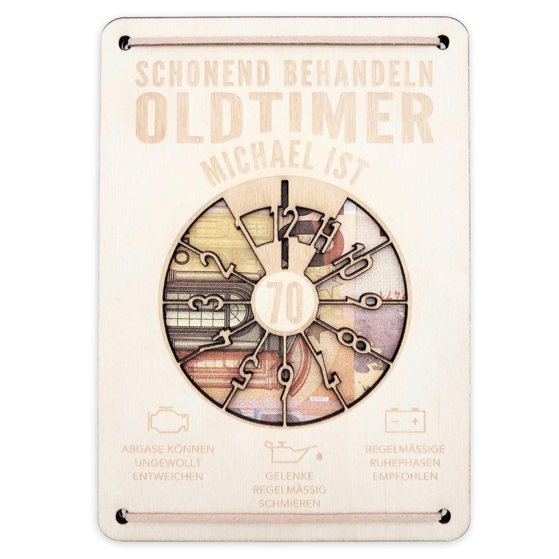 Oldtimer Geburtstagskarte 70. Geburtstag Schonend behandeln personalisiert Geldverpackung Geburtstagsgeschenk Geschenkkarte Holz 12x17 cm