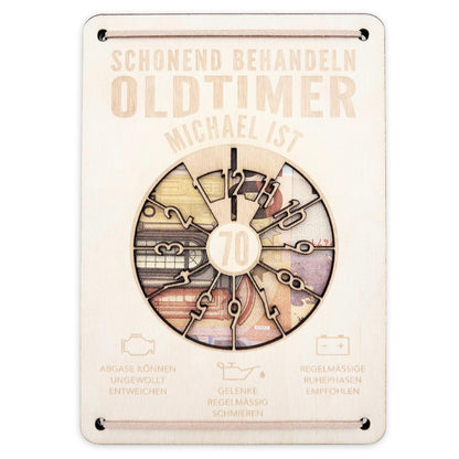 Oldtimer Geburtstagskarte 70. Geburtstag Schonend behandeln personalisiert Geldverpackung Geburtstagsgeschenk Geschenkkarte Holz 12x17 cm