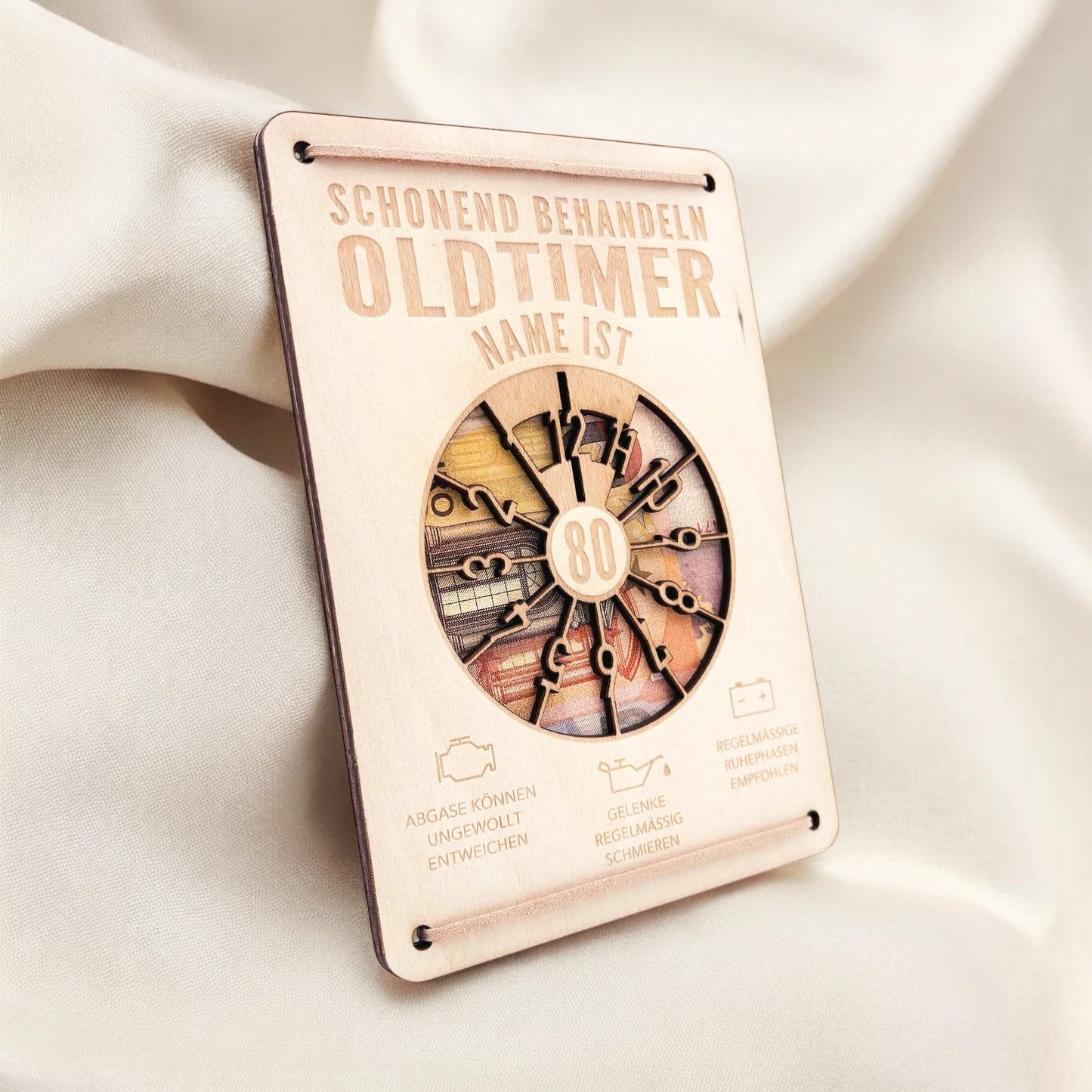 Oldtimer Geburtstagskarte 80. Geburtstag Schonend behandeln personalisiert Geldverpackung Geburtstagsgeschenk Geschenkkarte Holz 12x17 cm