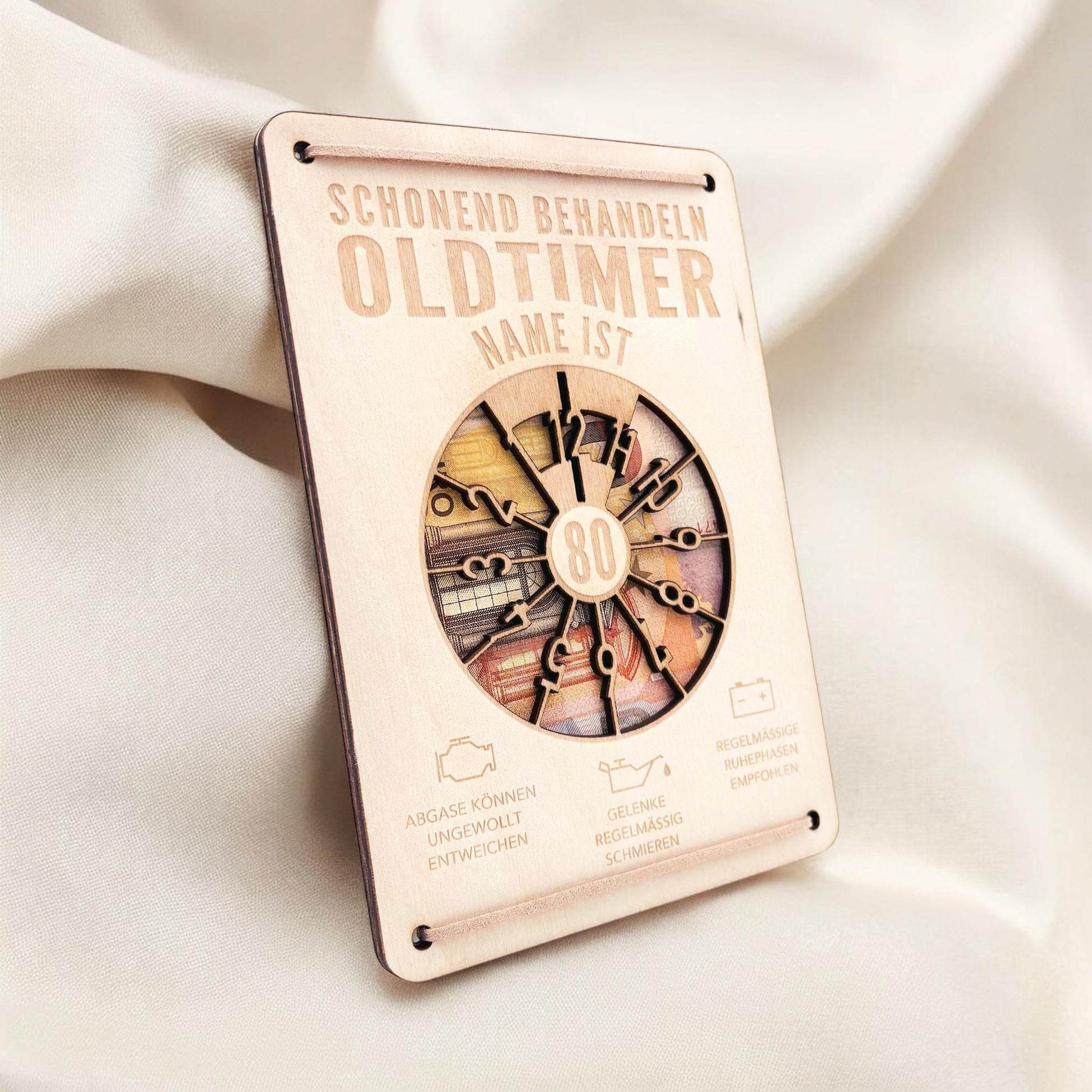 Oldtimer Geburtstagskarte 80. Geburtstag Schonend behandeln personalisiert Geldverpackung Geburtstagsgeschenk Geschenkkarte Holz 12x17 cm