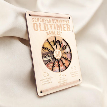 Oldtimer Geburtstagskarte 80. Geburtstag Schonend behandeln personalisiert Geldverpackung Geburtstagsgeschenk Geschenkkarte Holz 12x17 cm