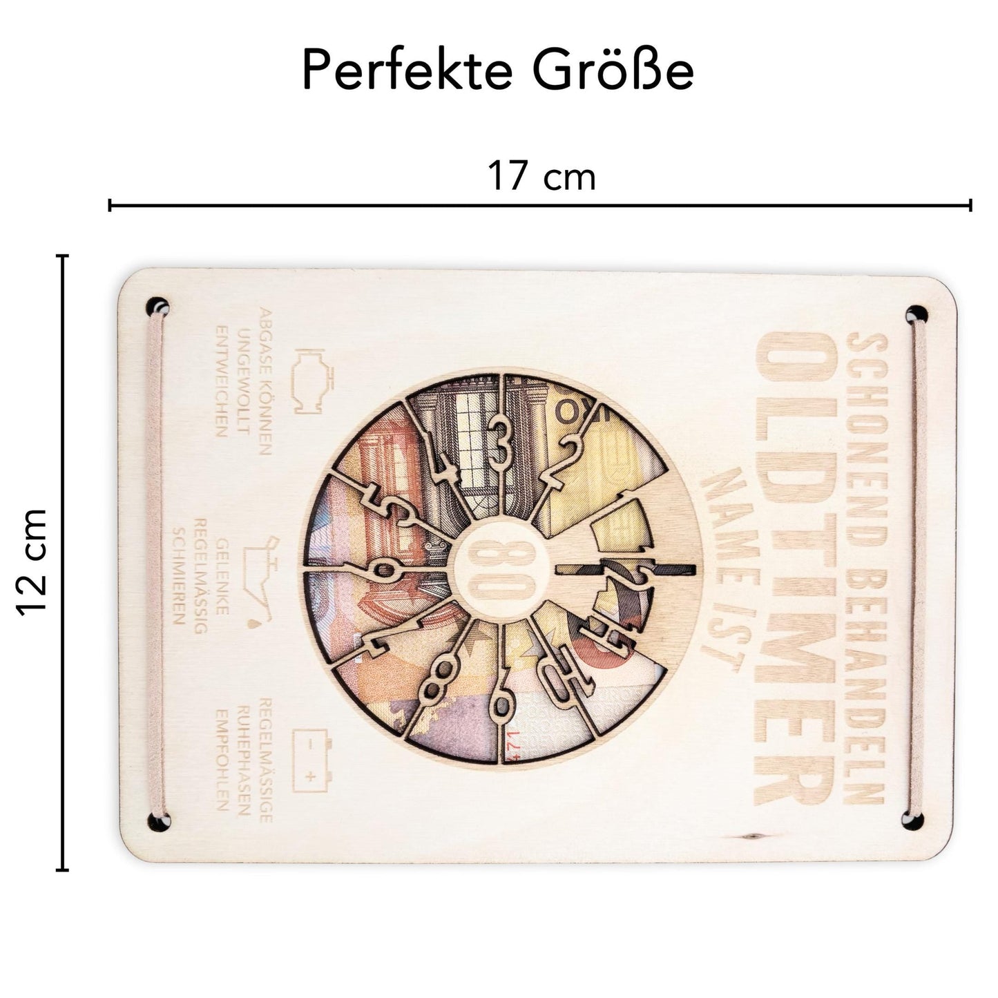 Oldtimer Geburtstagskarte 80. Geburtstag Schonend behandeln personalisiert Geldverpackung Geburtstagsgeschenk Geschenkkarte Holz 12x17 cm