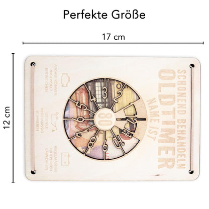 Oldtimer Geburtstagskarte 80. Geburtstag Schonend behandeln personalisiert Geldverpackung Geburtstagsgeschenk Geschenkkarte Holz 12x17 cm