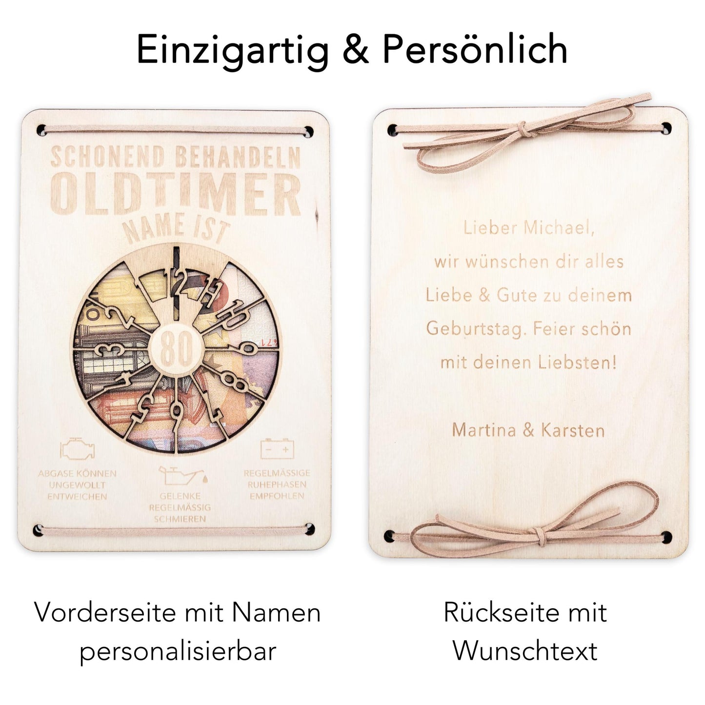 Oldtimer Geburtstagskarte 80. Geburtstag Schonend behandeln personalisiert Geldverpackung Geburtstagsgeschenk Geschenkkarte Holz 12x17 cm
