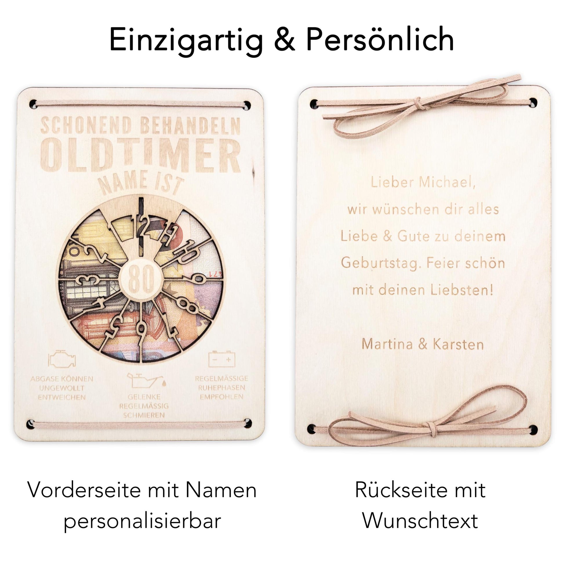 Oldtimer Geburtstagskarte 80. Geburtstag Schonend behandeln personalisiert Geldverpackung Geburtstagsgeschenk Geschenkkarte Holz 12x17 cm