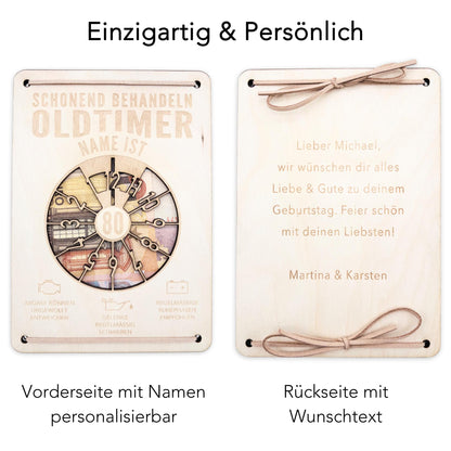 Oldtimer Geburtstagskarte 80. Geburtstag Schonend behandeln personalisiert Geldverpackung Geburtstagsgeschenk Geschenkkarte Holz 12x17 cm