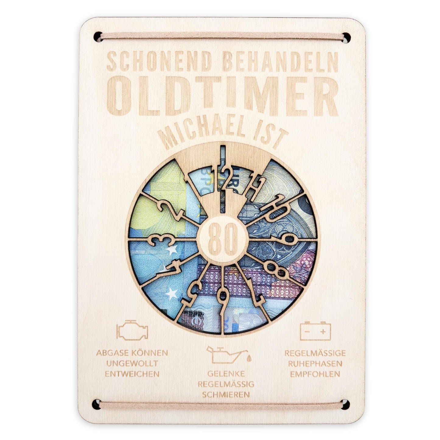Oldtimer Geburtstagskarte 80. Geburtstag Schonend behandeln personalisiert Geldverpackung Geburtstagsgeschenk Geschenkkarte Holz 12x17 cm